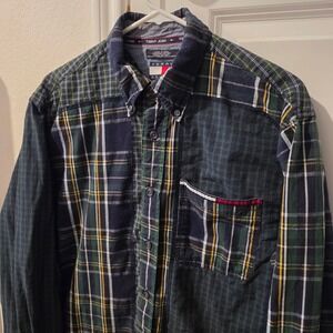Tommy Jeans Mens Plaid Patchwork Button Down Shirt Green Navy Mixed Pattern M